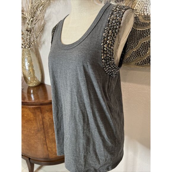 Naima Gray Sleeveless Tank Top Rhinestone Embellished Shoulders Size M - Picture 2 of 9
